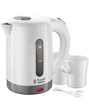 Russell Hobbs Electric 0.85L Travel Kettle, Small & Compact, Dual voltage, Ideal for abroad/caravan/camping, inc 2 cups & spoons, Removable washable anti-scale filter, water windows, 1000W, 23840