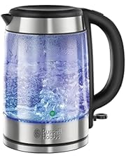 Russell Hobbs Illuminating 1.7L Electric Cordless Glass Kettle with black/brushed stainless steel accents (Fast Boil 3KW, Washable anti-scale filter, Button to open lid, Perfect pour spout) 21600-10