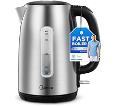 Midea Electric Kettle 3000W Fast Boil 1.7L Stainless Steel Kettle LED Indicator,Spring Lid,Removable Filter,Insulated Handle, Water Level Indicator, Dry Burn Protection,BPA-Free