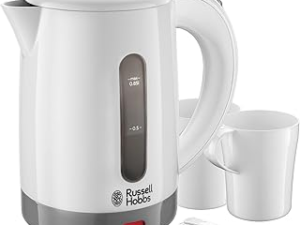 Russell Hobbs Electric 0.85L Travel Kettle, Small & Compact, Dual voltage, Ideal for abroad/caravan/camping, inc 2 cups & spoons, Removable washable anti-scale filter, water windows, 1000W, 23840