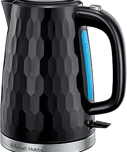 Russell Hobbs Honeycomb Electric 1.7L Cordless Kettle (Fast Boil 3KW, Black premium plastic, matt & high gloss finish, Removable washable anti-scale filter, Push button lid, Perfect pour spout) 26054