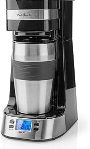 Single Serve 1 Cup Coffee Maker Digital Machine and Double Wall Insulated Travel Mug, with Timer, Stainless Steel, 420ml, Black