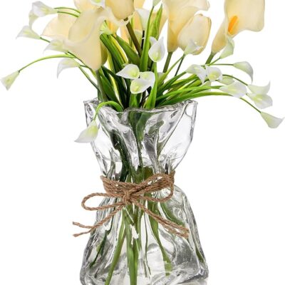 Covzoe Glass Vase, 8.7 Inch Tall Irregular Shaped Flower Vase with Hemp Rope, Clear Art Decorative Vases, Modern Home Bouquet Vases for Wedding, Living Room, Dining Table, Office
