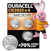 DURACELL 2025 Lithium Coin Batteries 3V (4 Pack) - Up to 70% Extra Life - Baby Secure Technology - For Use in Key Fobs, Fitness Watches and 3D Glasses - Baby Secure Packaging